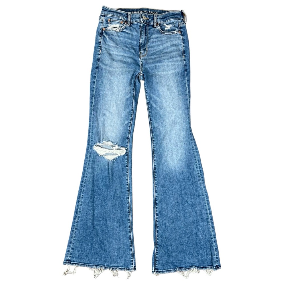 American Eagle Size 2 Super High Rise Flare Blue Jeans Distressed Stretch